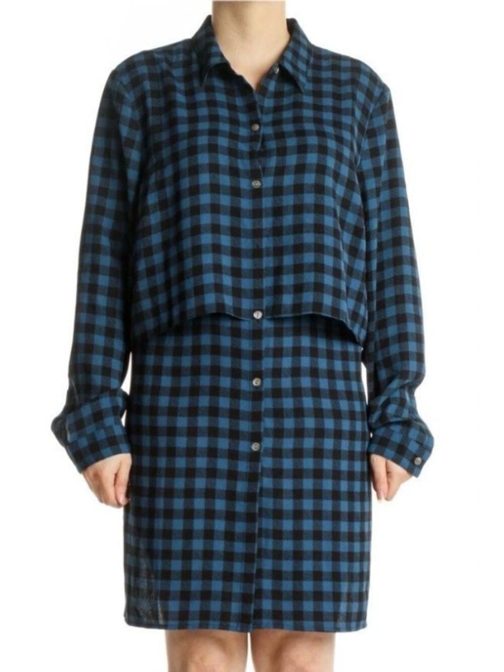 J Jill Buffalo Plaid Shirt Dress Medium Long Sleeve Tunic Button Front Preppy